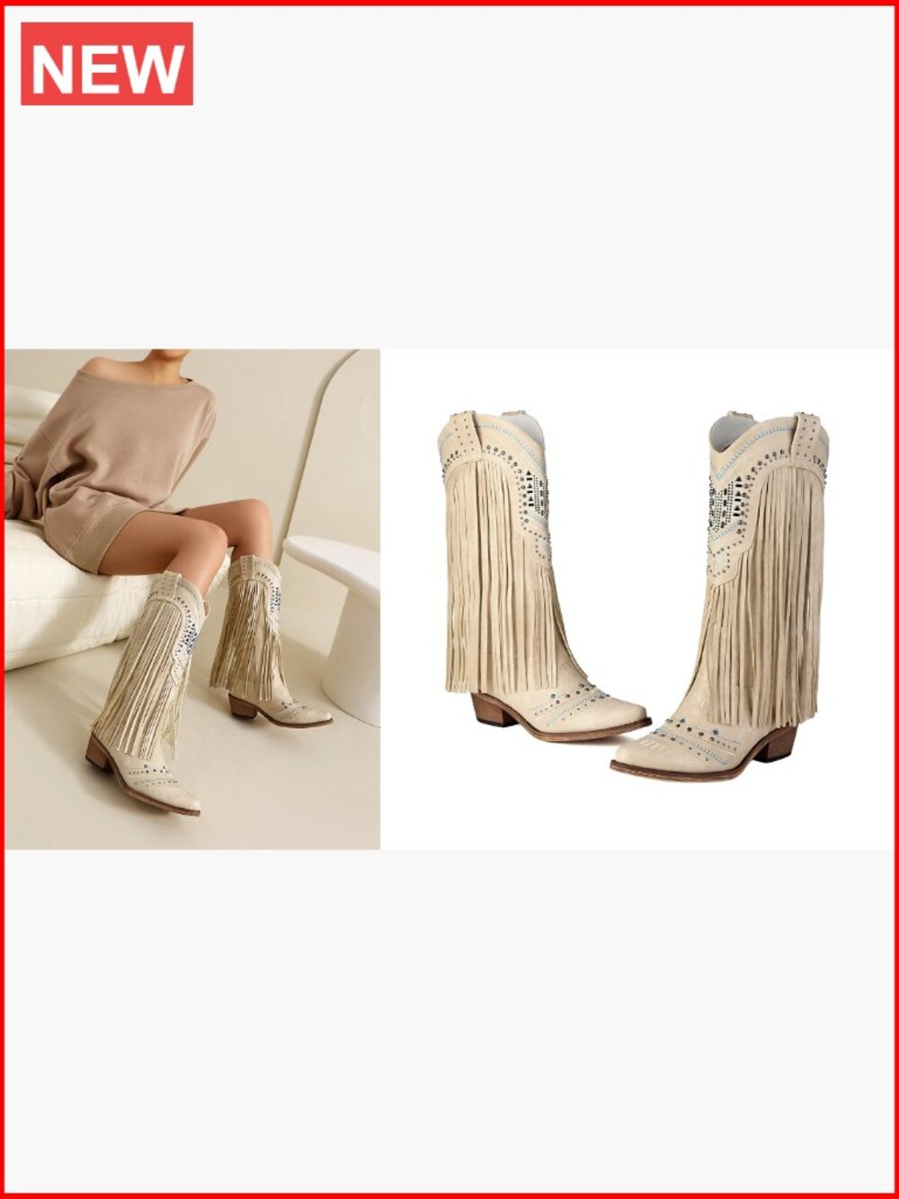 Wide Calf Embroidered Fringe Cowgirl Boots Knee High Snip Toe Pull On - Picture 7 of 7